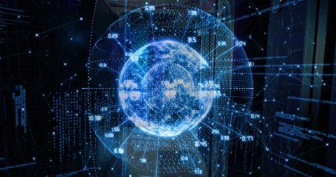 Digital Sphere with Data Points in Futuristic Server Room