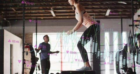 Woman stepping on plyo box with candlestick data overlay during hiit gym workout