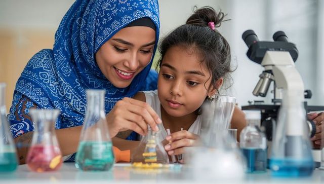 Guiding woman wearing blue patterned hijab pouring colored liquids with child in stem lab