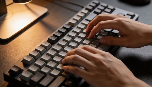 Close-up hands typing on two-tone mechanical keyboard with warm desk lamp glow