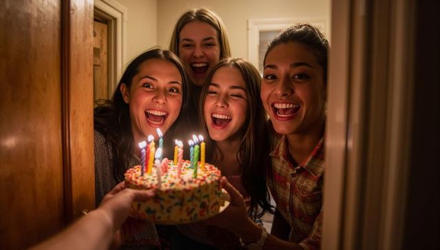 Teen friends celebrating birthday in cozy hallway holding cake with lit candles, smiling