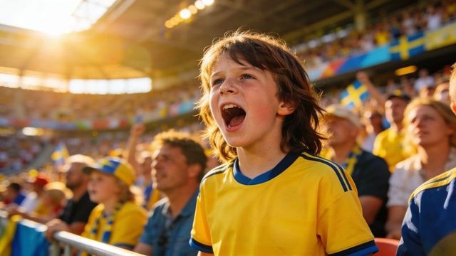 School-age boy cheering in swedish yellow jersey, sunlit stadium passion and energy