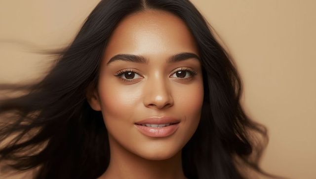 Elegant portrait of woman with flowing dark hair on beige background