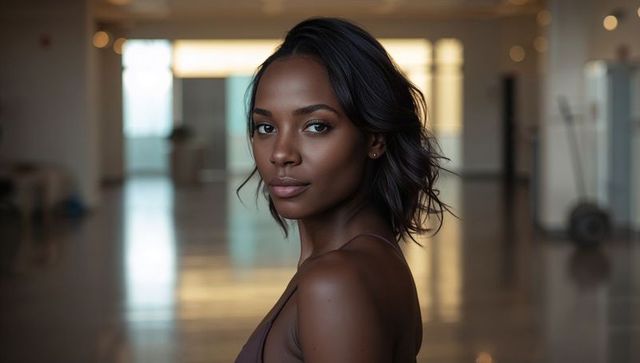 Standing woman turning toward camera in sunlit lobby, sleeveless brown top closeup portrait