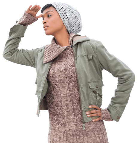 Focused woman in stylish winter clothing on transparent background