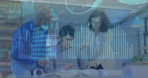 Multi-ethnic Team Collaborating with Digital Analytics Overlays