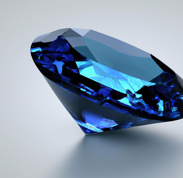 Close-up of a faceted blue sapphire gemstone showcasing its luxurious and brilliant qualities. Perfect for use in jewelry advertisements, luxury promotions, gemstone catalogs, or educational content about precious stones.