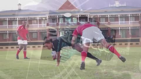 Rugby Player Tackled, Digital Analysis GUI Overlay Represents Sports Technology