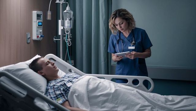 Nurse reviewing electronic chart on tablet beside adolescent patient in hospital room