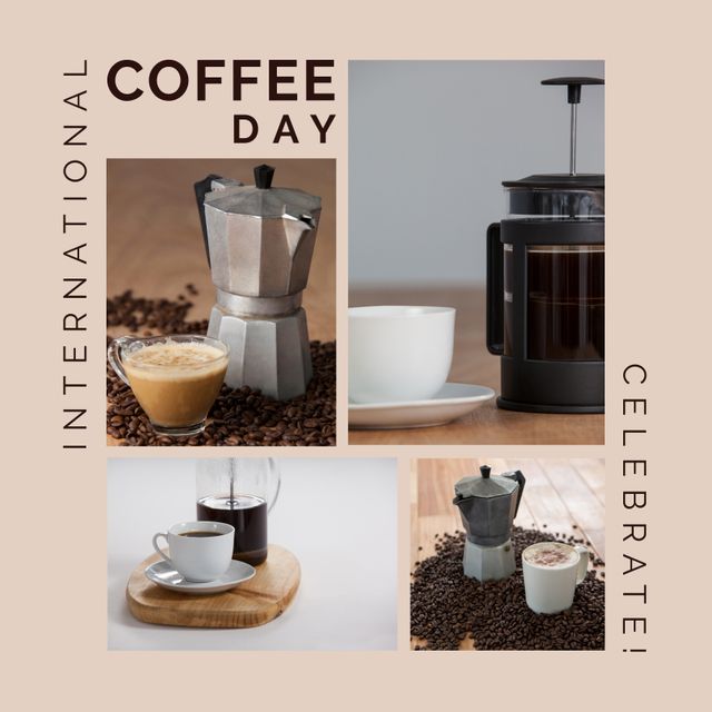 International Coffee Day Celebration Collage with Coffee Makers and Cups - Download Free Stock Templates Pikwizard.com