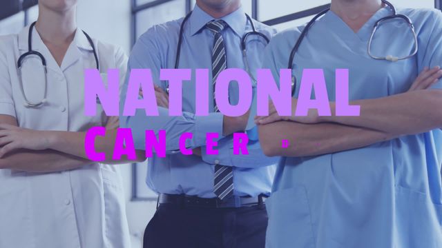 National Cancer Day banner with diverse medical professionals standing with folded arms. This visually appealing image is ideal for use in campaigns to raise awareness about cancer, healthcare presentations, and digital interfaces focused on medical topics. It also works well for social media posts, health blogs, and educational materials.