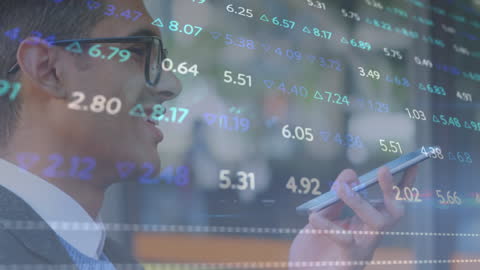 Businessman Engaging in Mobile Communication with Stock Market Data Overlay