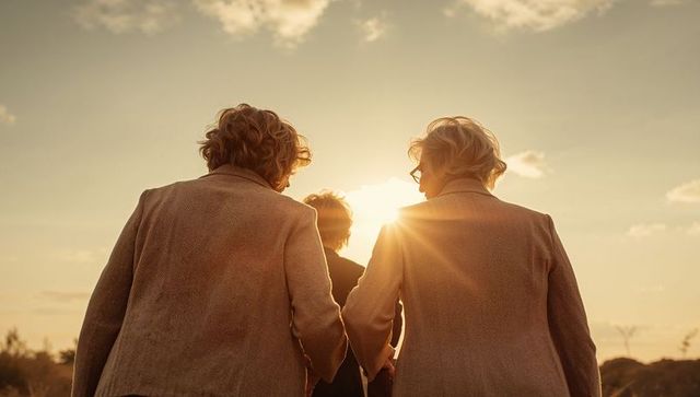Three adults walking toward sunset meadow during golden hour wearing tan wool coats