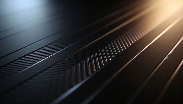 Dark metallic ribbed panels with amber highlights, sleek raised ridges, futuristic look