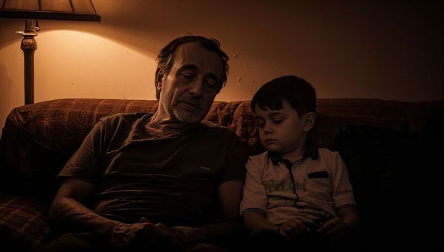Grandfather and grandson sitting on sofa in warm lamp light, quiet evening bonding