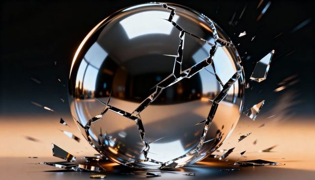 Cracked reflective glass orb shattering on surface with scattered shards and coins