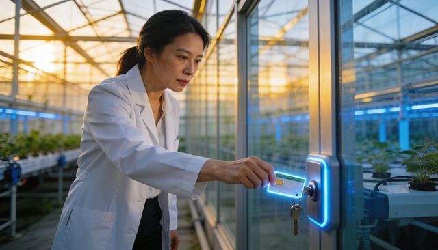 Scientist using keycard access in high-tech greenhouse at sunset for agritech research