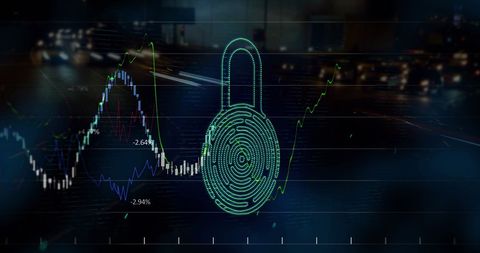 Digital fingerprint lock concept with stock market graph on cityscape