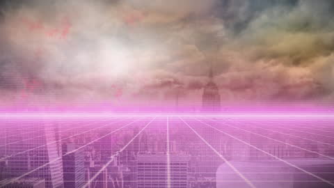 Futuristic Digital Grid Over Urban Skyline at Dawn