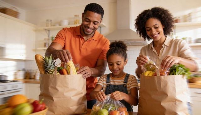 Family unpacking groceries in bright kitchen, preparing healthy meals with fresh produce