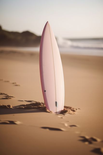 Beautiful pink surfboard stands upright in golden sand during sunset. Ready for water activities and beach enthusiasts, perfect for promoting surfing culture, beach resorts, summer vacations, and water sports events.