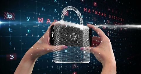 Hands Holding Digital Lock Hologram Highlighting Cybersecurity