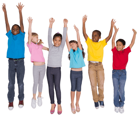 Happy Diverse Children Jumping High on Transparent Background