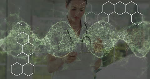 This concept artwork displays a combination of genetic research with data visualization, illustrating a female doctor reviewing data amidst a rotating digital DNA strand. The overlay of hexagonal structures highlights technological advancements in healthcare. Useful for presentations on innovations in genetic research, medical technology, healthcare advancements, or educational material on DNA.