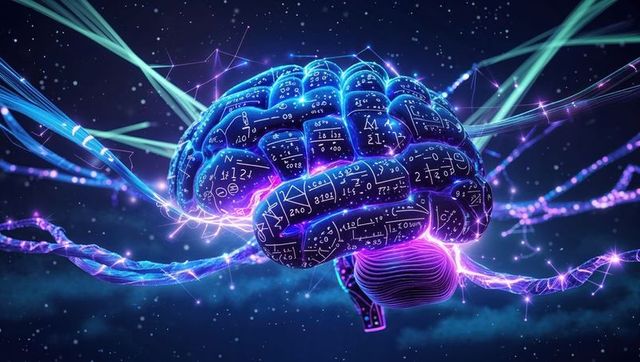 Futuristic Glowing Brain with Mathematical Formulas and Cables