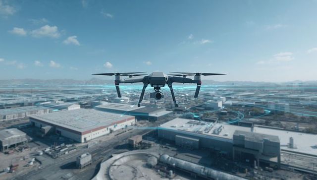 Industrial drone hovering over rooftops scanning warehouses for inspection and mapping