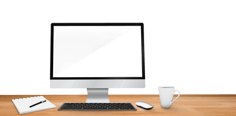 Virtual work desk with computer on transparent background