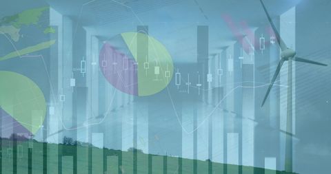Financial Data and Graphics Overlapping Wind Turbine Image