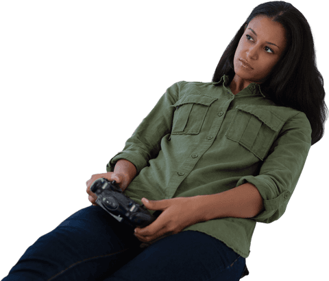 Transparent Image Thoughtful Woman Holding Video Game Controller - Download Free Stock Videos Pikwizard.com