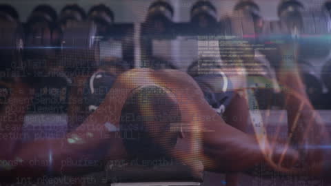 Cyber Athlete: Man Lifting Weights with Digital Overlays