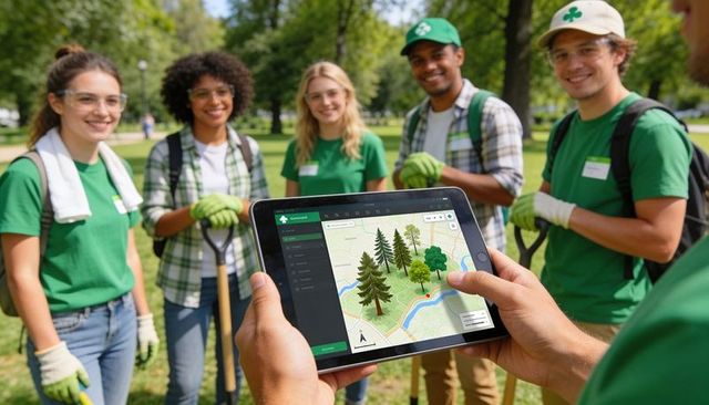 Volunteer crew planning urban tree planting with tablet map in community park teamwork