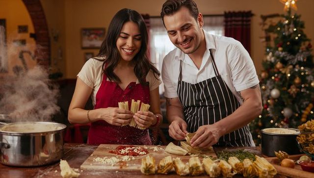 Couple preparing tamales in cozy holiday kitchen for festive family tradition