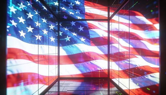 Waving american flag led installation illuminating glass corridor with neon reflections
