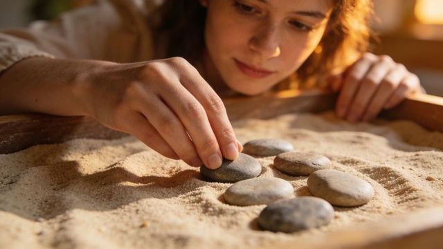 Young woman arranging smooth flat stones in sand tray for mindful sensory play and relaxation