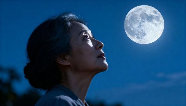 Senior asian woman gazing at full moon night sky moonlit contemplative portrait