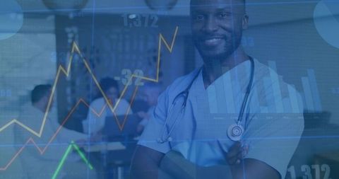 Smiling doctor at hospital station with data chart overlays