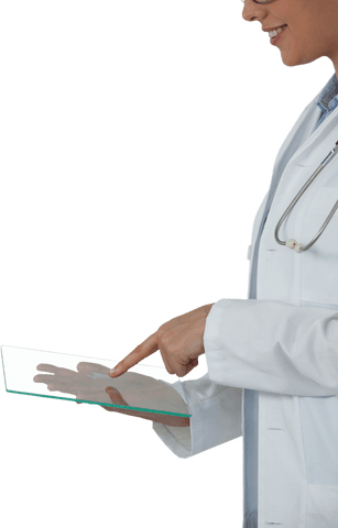 Transparent female doctor using digital tablet with stethoscope