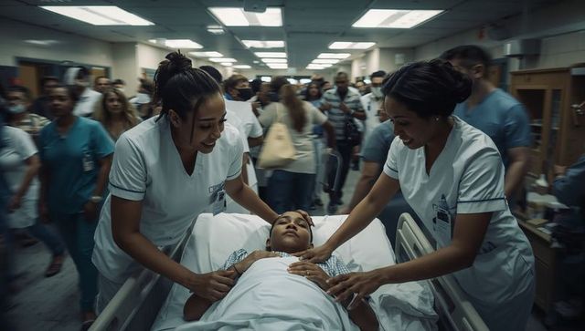 Nurses comforting child on stretcher during busy emergency corridor pediatric care rush