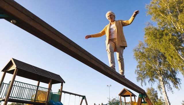 Senior woman balancing on wooden beam in playground during sunny late afternoon