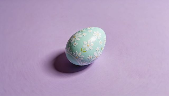 Mint teal easter egg with hand-painted daisy pattern on pastel purple backdrop