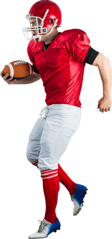 Transparent american football player in red jersey running with ball