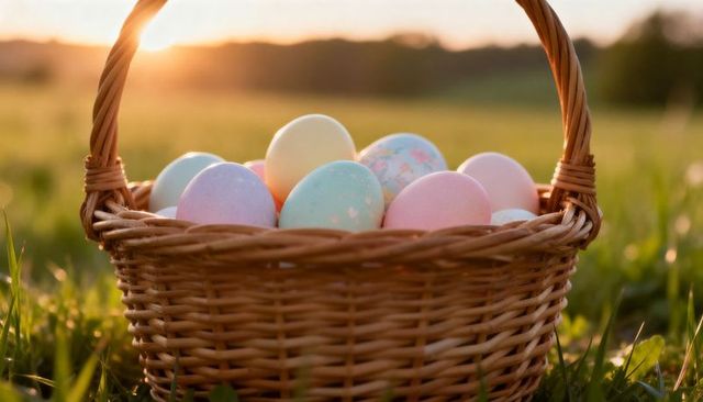Pastel easter eggs nestled in wicker basket at sunset
