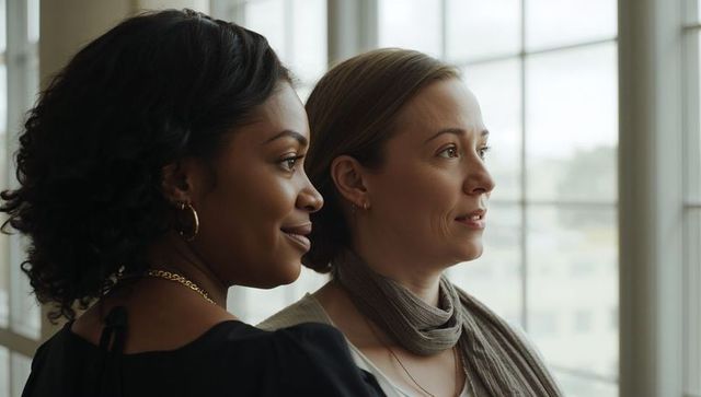 Two women standing side by side, looking out large grid window with soft natural light illuminating faces. Composition highlighting side profiles, warm expressions, gold jewelry and lightweight scarf adding subtle style. Visual mood conveying teamwork, mentorship, future planning and mutual support. Suggested uses: website hero banner for corporate diversity and inclusion, leadership training brochure, coworking space marketing, editorial on career development or workplace wellbeing, social media posts about collaboration and empowerment. Suitable for digital and print layouts including presentations, blog headers, recruitment campaigns and promotional materials.