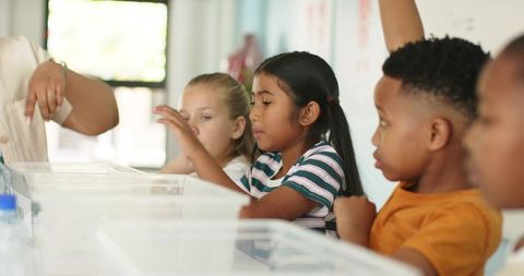 Elementary students doing hands-on science with african american teacher guiding