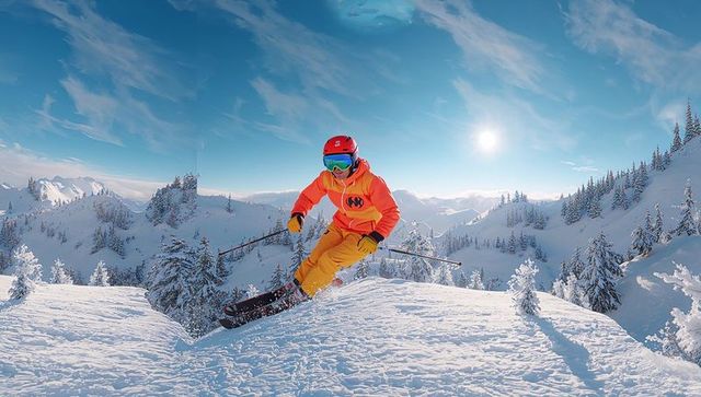 Launching skier jumping off mountain lip in bright orange gear over pristine powder