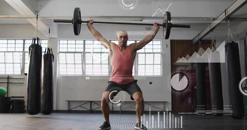 Male Athlete Hoisting Overhead Barbell Squat in Industrial Gym with Fitness HUD Overlays